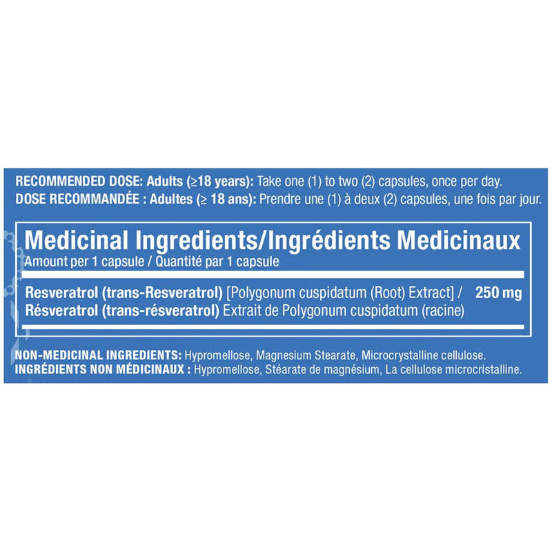 Confident Health Resveratrol 250mg, 90 VCaps Nutrition Panel - SupplementSource.ca