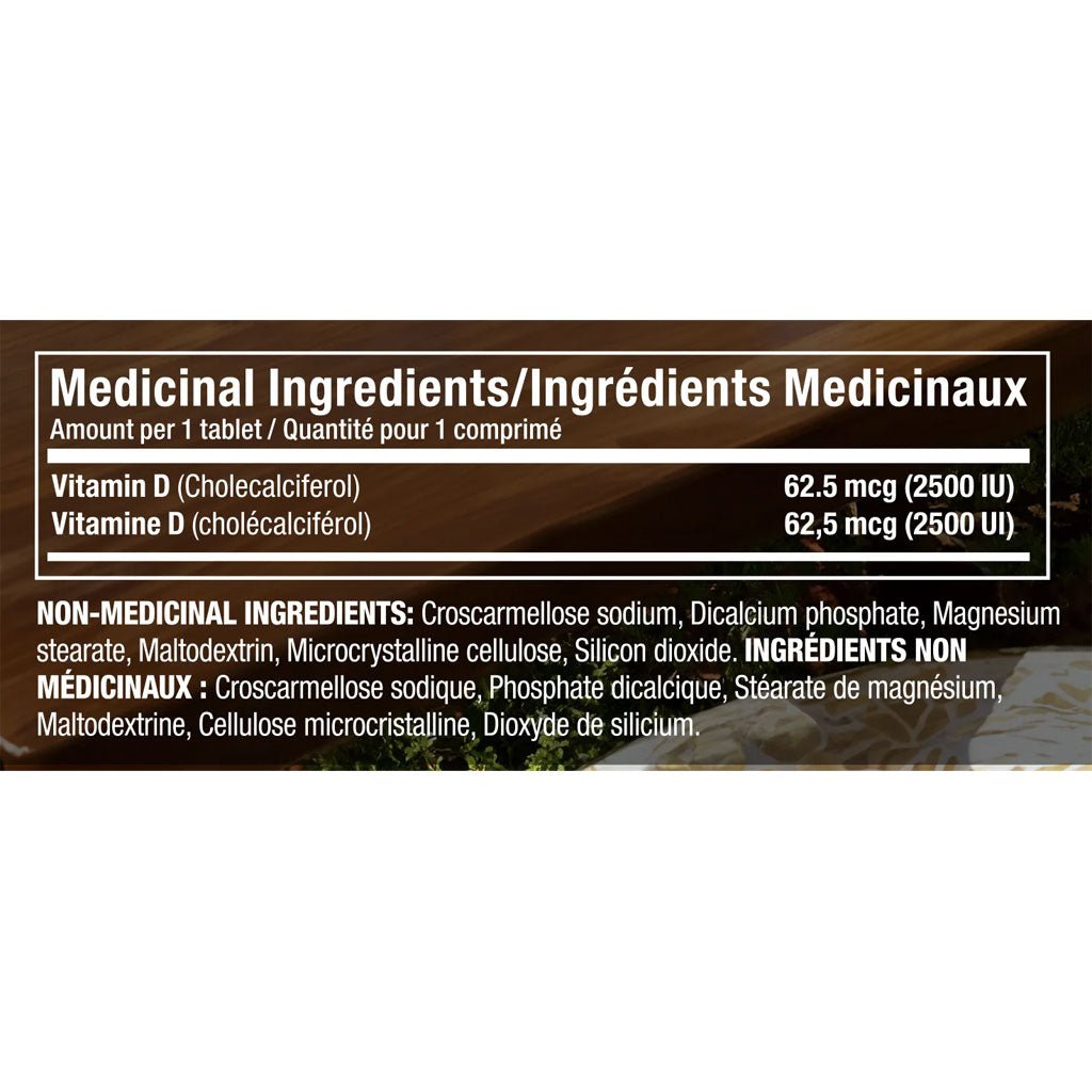 Confident Health Vitamin D, 2500 IU x 500 Tablets Nutrition Panel - SupplementSource.ca