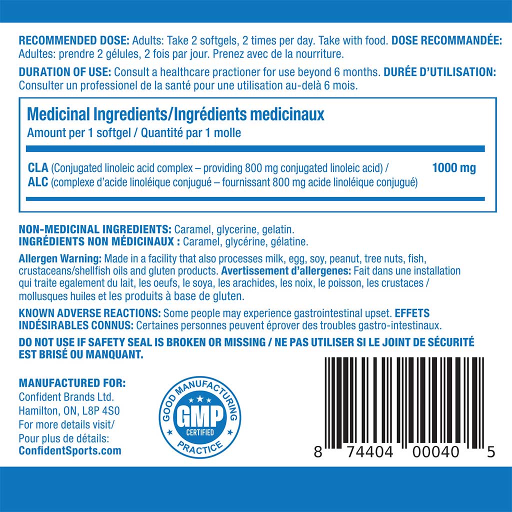 Confident Sports CLA, 90 Softgels Nutrition Panel - SupplementSource.ca