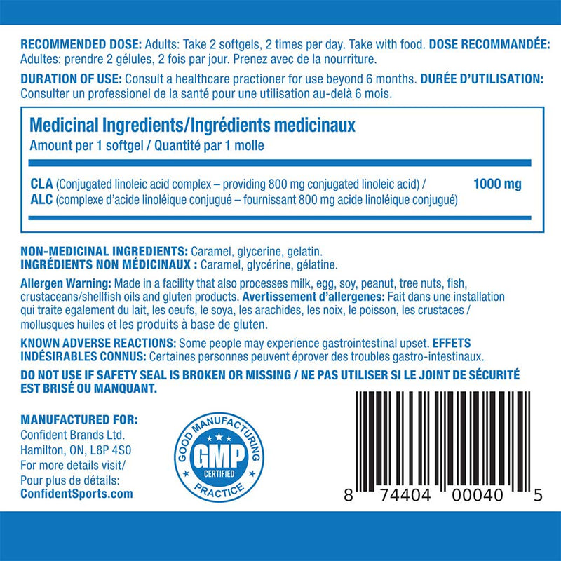 Confident Sports CLA, 90 Softgels Nutrition Panel - SupplementSource.ca