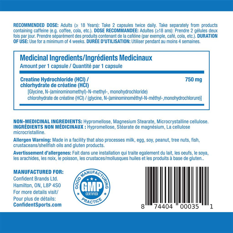 Confident Sports 100% Pure Creatine HCL, 120 VCaps Nutrition Panel -  SupplementSource.ca