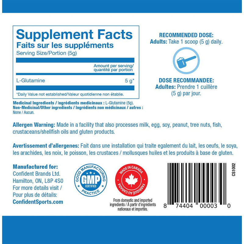 Confident Sports Glutamine, 1100g Nutrition Panel - SupplementSource.ca