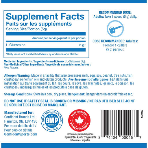 Confident Sports Glutamine, 125g Nutrition Panel - SupplementSource.ca