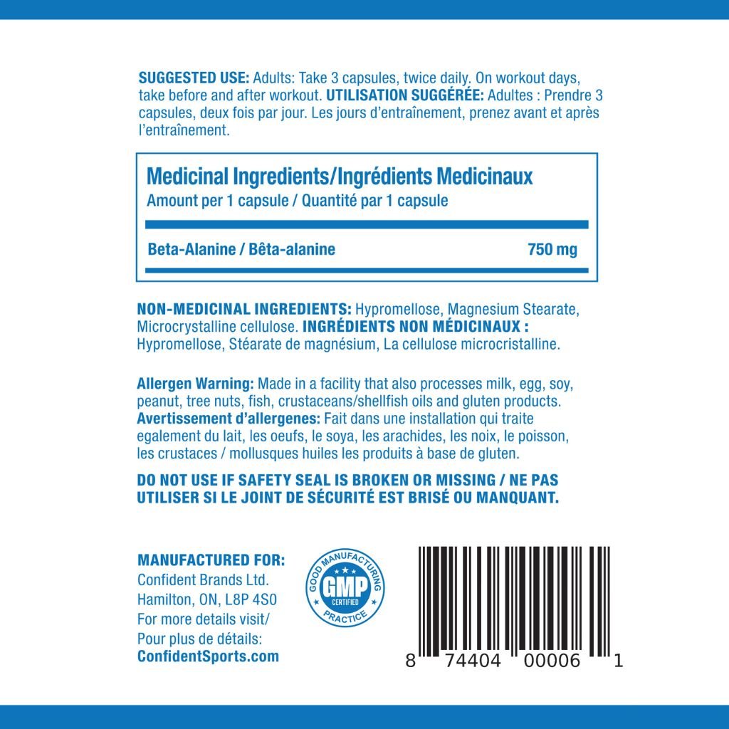 Confident Sports BETA ALANINE, 240 Caps Nutrition Facts SupplementSource.ca
