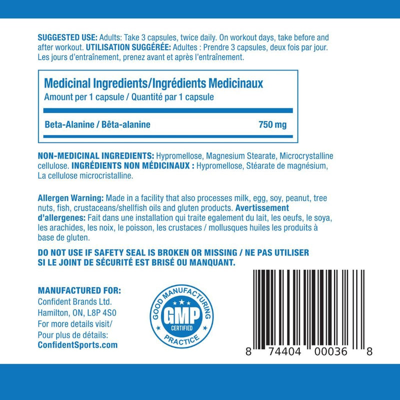 Confident Sports Beta Alanine, 120 Caps Nutrition Facts SupplementSource.ca
