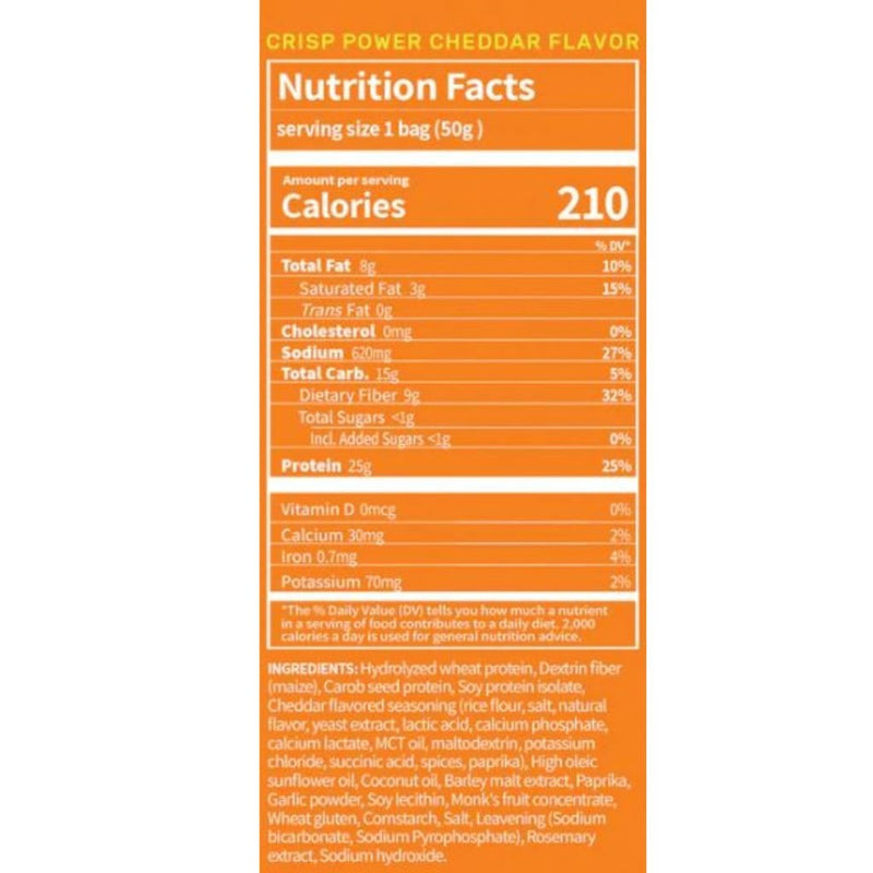 Crisp Power Protein Pretzels, Cheddar Nutrition Panel, 50g  - SupplementSource.ca