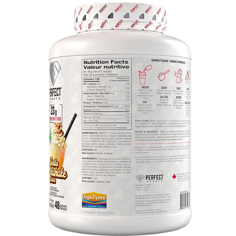 Perfect Sports Balanced Diesel Grass-Fed Protein Nutrition Panel, Vanilla Milkshake, 48 Servings - SupplementSource.ca