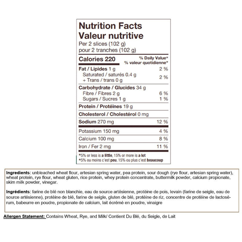 Dimpflmeier Bakery High Protein Sourdough Bread, 1 Loaf Nutrition Panel - SupplementSource.ca