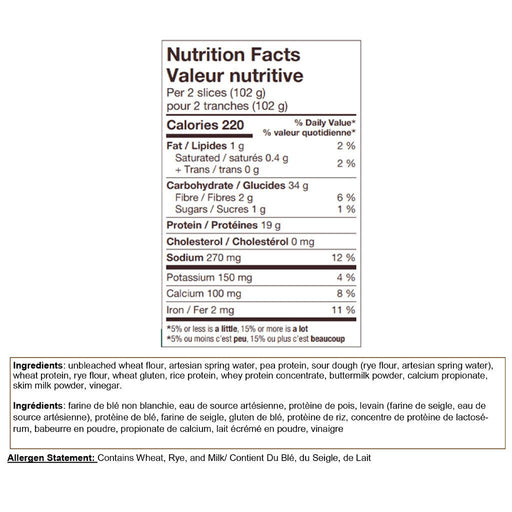Dimpflmeier Bakery High Protein Sourdough Bread, 1 Loaf Nutrition Panel - SupplementSource.ca