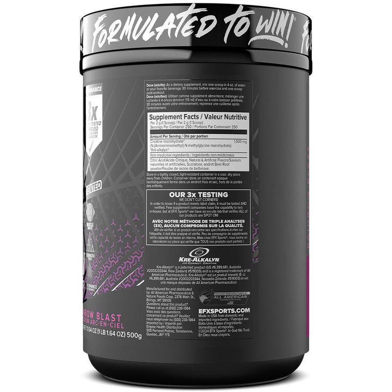 EFX Sports Kre-Alkalyn Powder, 500g Rainbow Blast Nutrition Panel - SupplementSource.ca