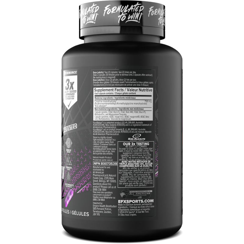 EFX Sports Kre-Alkalyn 120 Capsules side panel - SupplementSource.ca