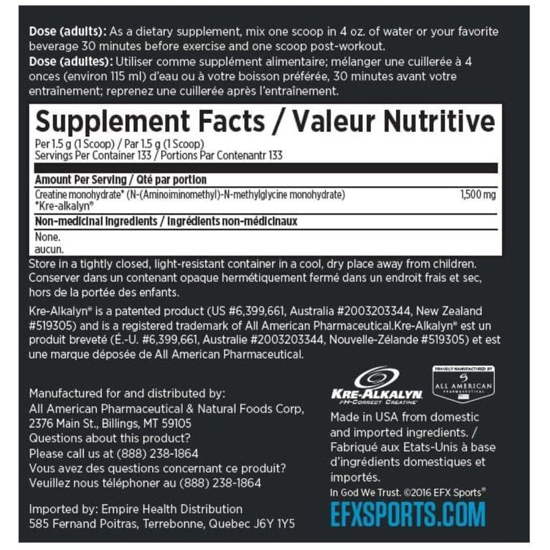 EFX Sports Kre-Alkalyn EFX Nutrition Panel, 133 Servings, 200g - SupplementSource.ca