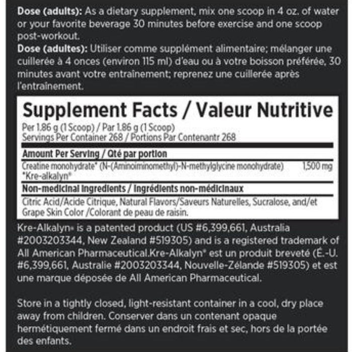 EFX Sports Kre-Alkalyn Powder 500g Nutritional Panel Supplementsource.ca