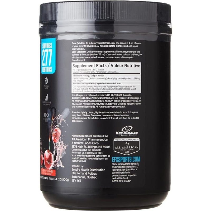 EFX Sports Kre-Alkalyn Powder, 500g  Cherry Bomb  Nutrition Panel - Supplementsource.ca