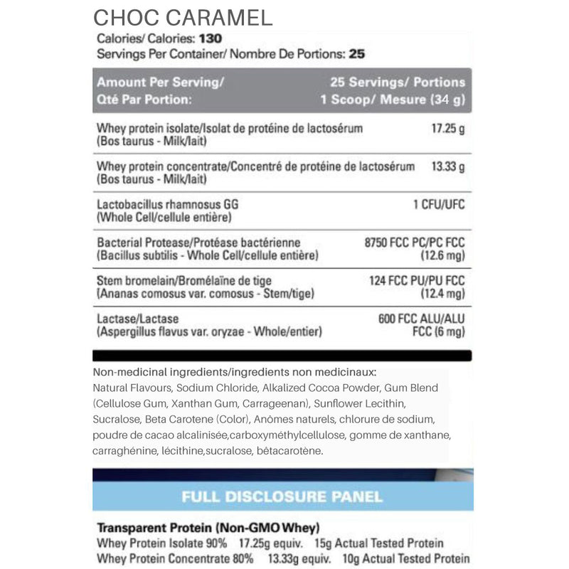 OxyWhey Daily Lean Whey Protein, 25 Servings Choc Caramel Nutrition Panel - SupplementSource.ca