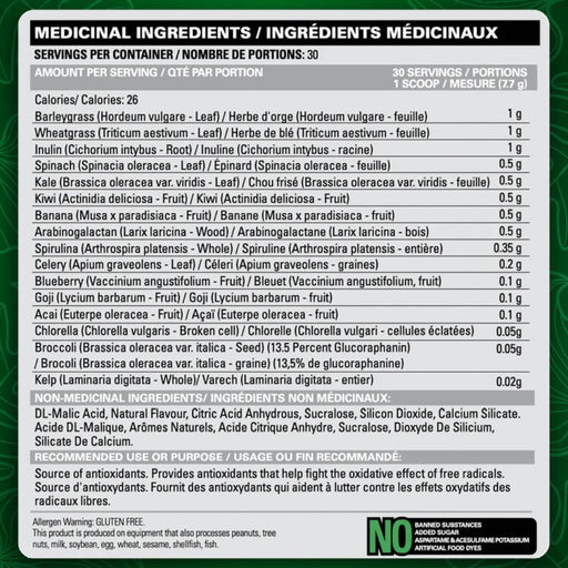 EHPLabs OxyGreens, 30 Servings Nutrition Panel - SupplementSource.ca