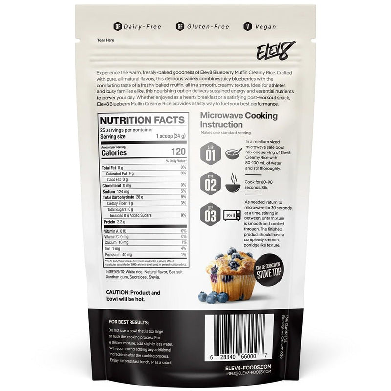 Elev8 Creamy Rice, 25 Servings Blueberry Muffin Nutrition Panel - SupplementSource.ca