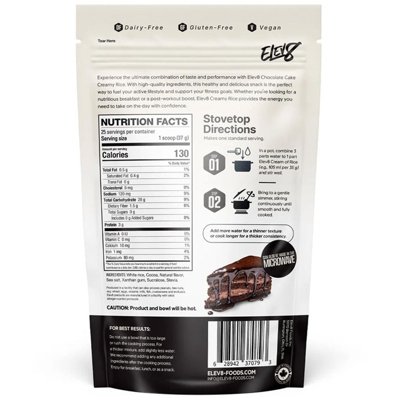 Elev8 Creamy Rice, 25 Servings Chocolate Cake Nutrition Panel - SupplementSource.ca