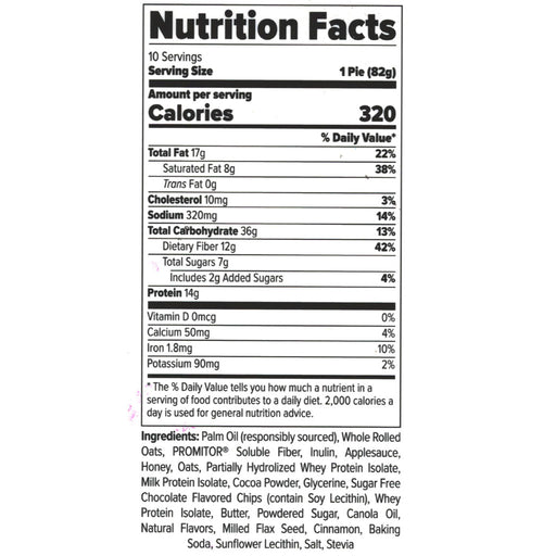 Finaflex Oatmeal Protein Pie, 10 Pies/Box Double Chocolate Chip Nutrition Panel - SupplementSource.ca