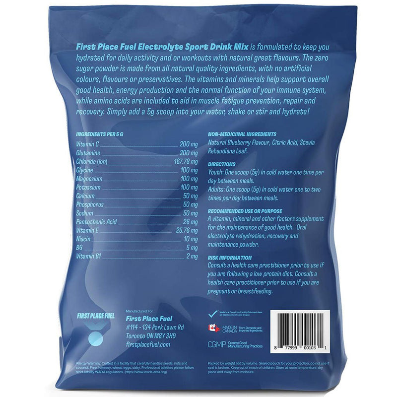First Place Fuel HYDRATION Mix (Electrolytes), 20 Servings  Blue Raspberry Nutrition Panel - SupplementSource.ca