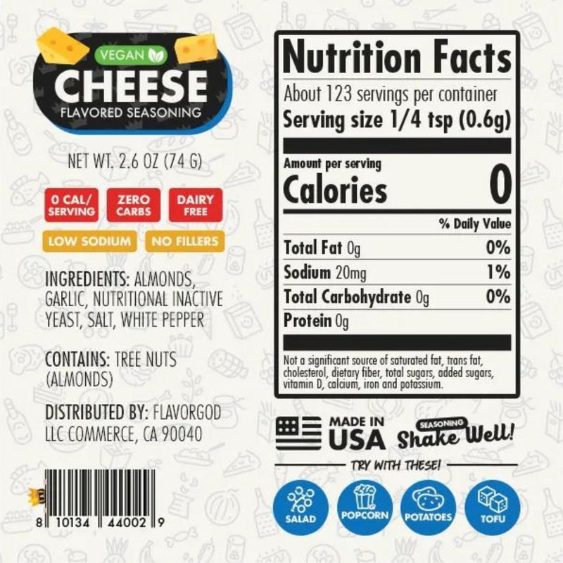 FlavorGod ZERO CARB SEASONING, Vegan Cheese Nutrition Panel - SupplementSource.ca