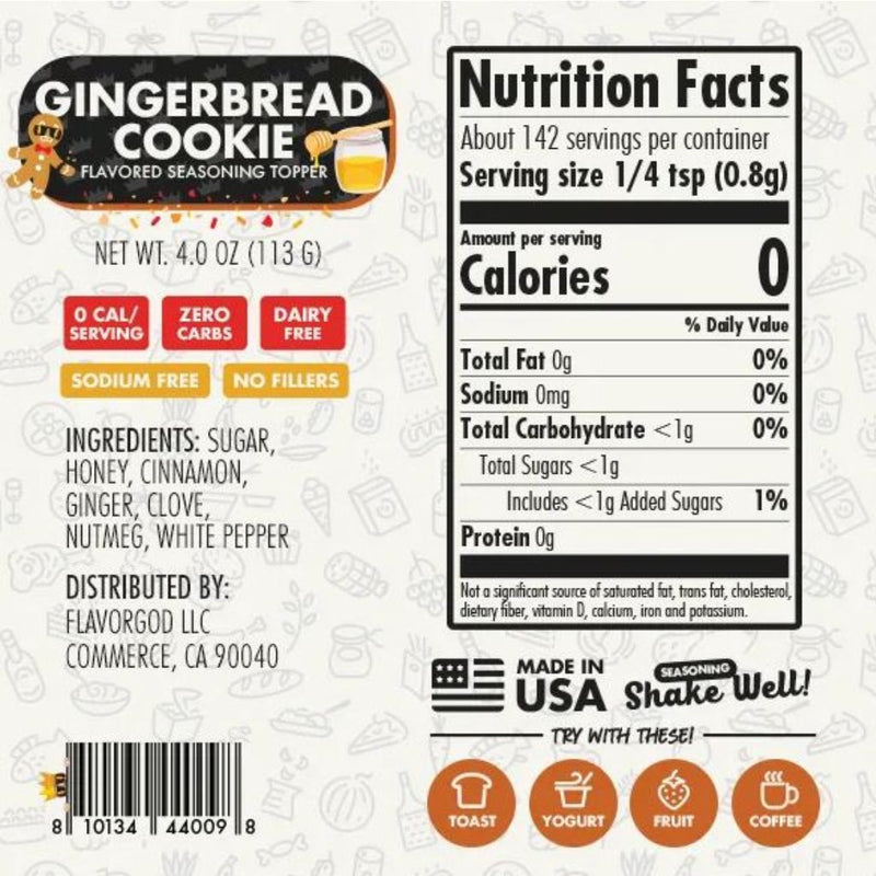 FlavorGod ZERO CARB SEASONING, Gingerbread Cookie Nutrition Panel - SupplementSource.ca
