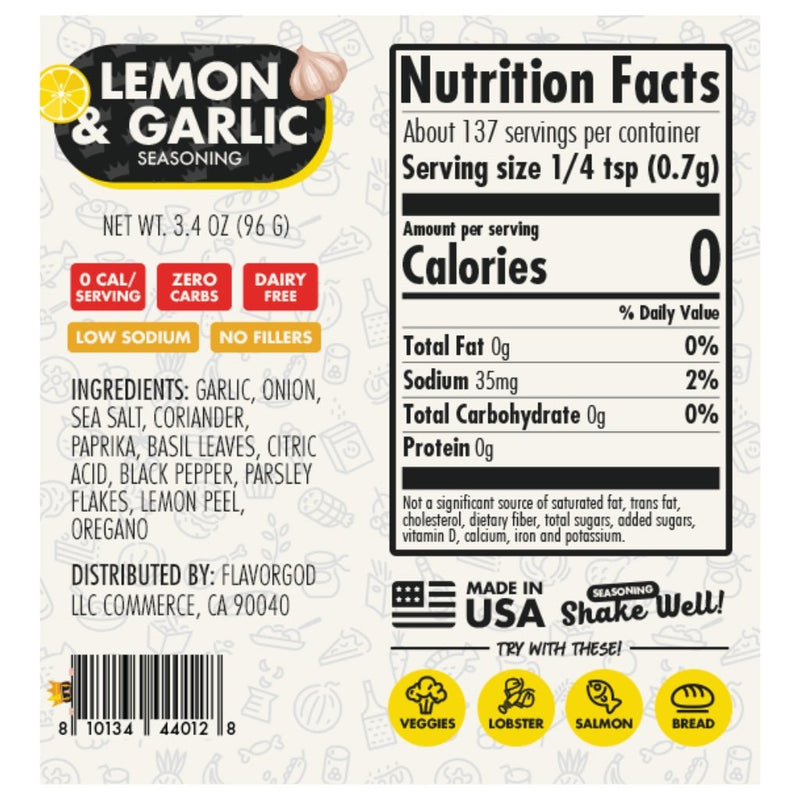 Flavorgod Lemon & Garlic Seasoning Nutritional Panel SupplementSource.ca 