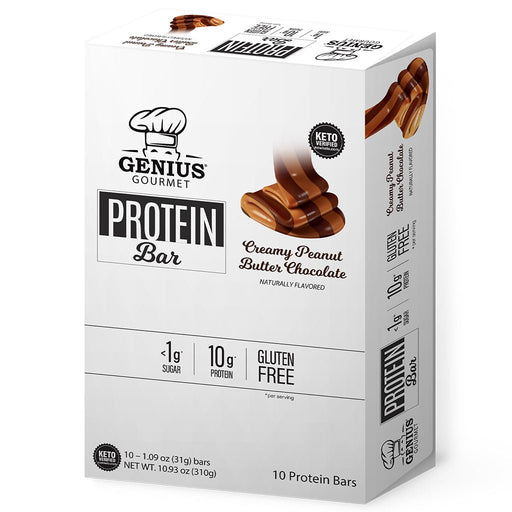 Genius Gourmet Protein Bar, 10 Bars/Box Creamy Peanut Butter Chocolate - SupplementSource.ca