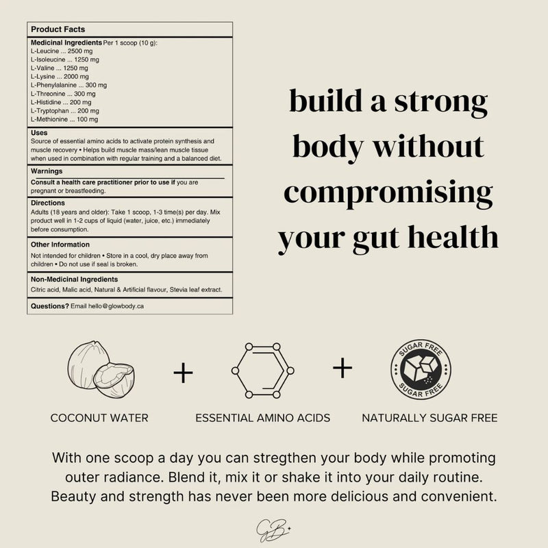 Glow Body Glow EAAs, 45 Servings Nutrition Panel - SupplementSource.ca