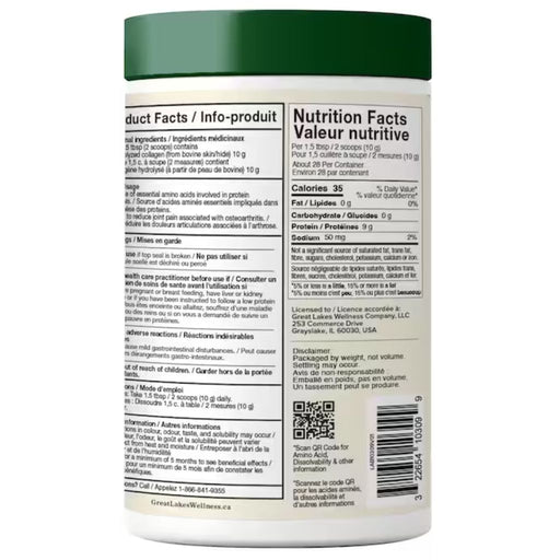 Great Lakes Wellness Grass-fed Bovine Collagen Peptides, 284g Unflavoured Nutrition Facts - SupplementSource.ca