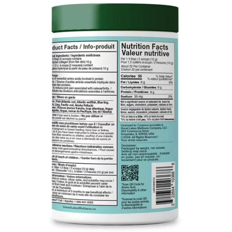 Great Lakes Wellness Wild-caught Marine Collagen Peptides, 227g Unflavoured Nutrition Facts - SupplementSource.ca