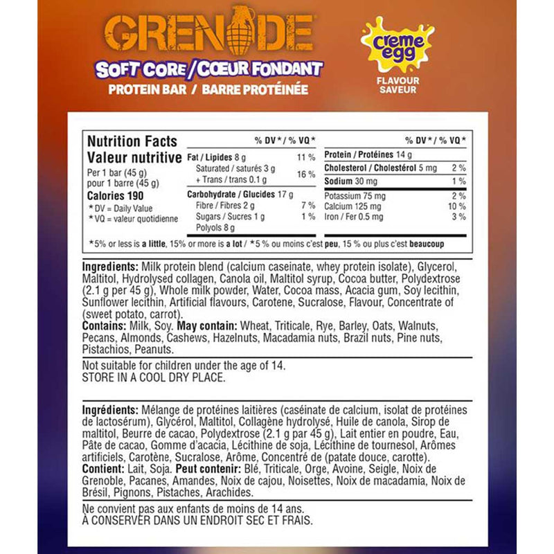 Grenade Grenade Bar Creme Egg, 45g x 18 Bars/Box Nutrition Panel - SupplementSource.ca