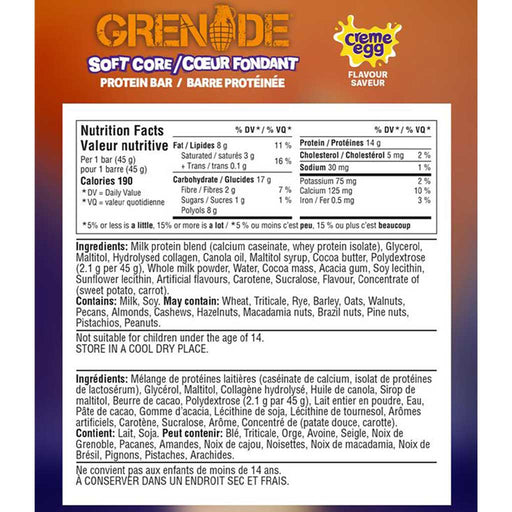 Grenade Grenade Bar Creme Egg, 45g x 18 Bars/Box Nutrition Panel - SupplementSource.ca