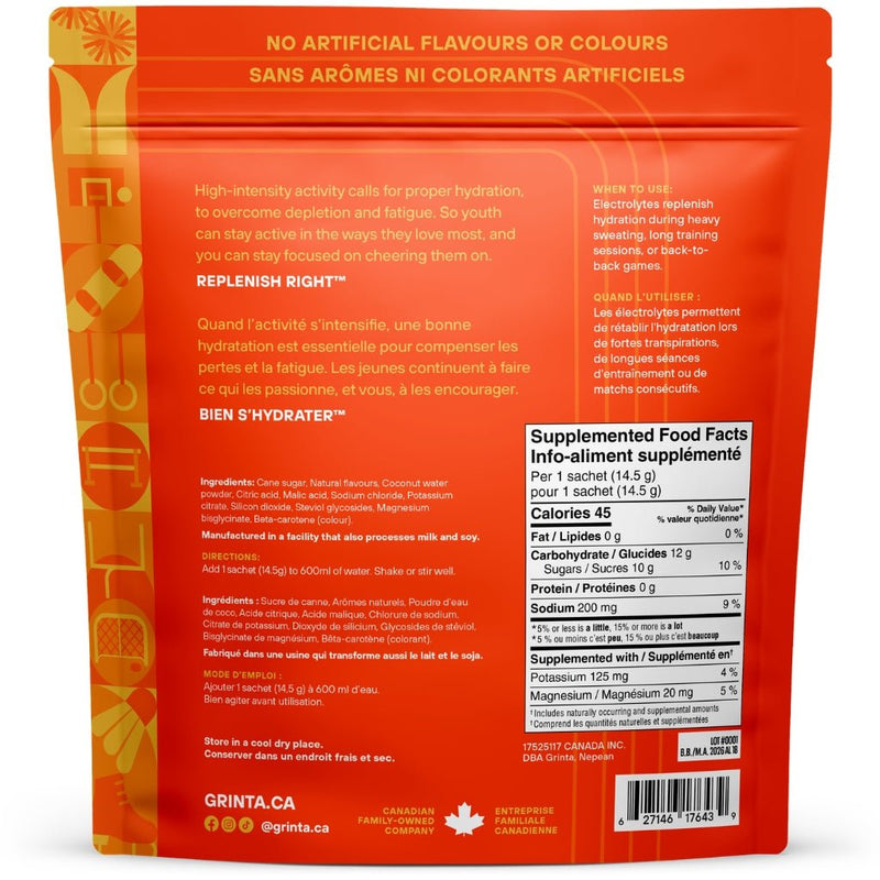 Grinta Hydration, 14.5g x 10 Sachets Peach Mango Nutrition Facts - SupplementSource.ca