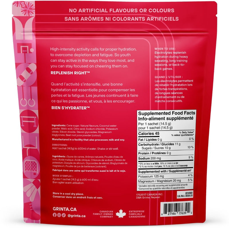Grinta Hydration, 14.5g x 10 Sachets Strawberry Splash Nutrition Facts - SupplementSource.ca
