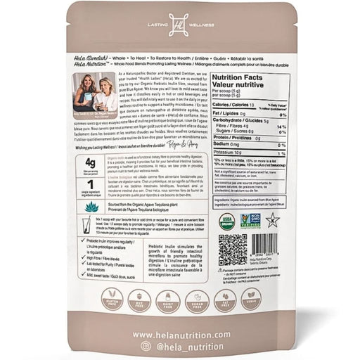 Hela Nutrition Organic Prebiotic Inulin Nutrition Panel, 60 Servings - SupplementSource.ca