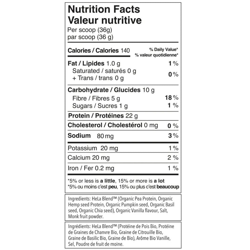 Hela Nutrition Organic Plant Protein Vanilla Nutrition Panel, 16 Servings - SupplementSource.ca