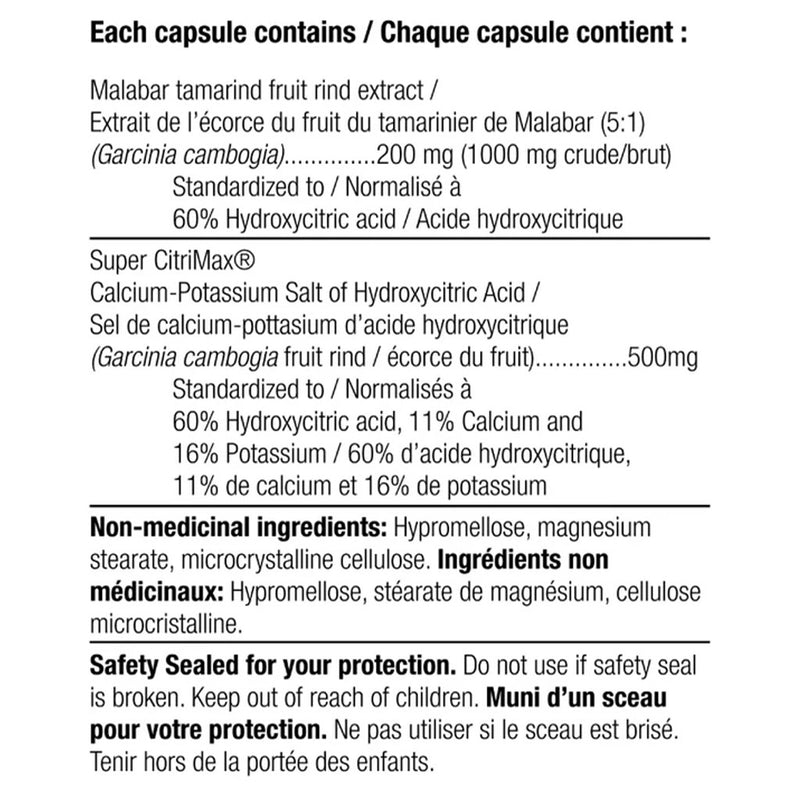 Herbal Magic Garcinia Extract with SuperCitrimax, 42 VCaps Nutrition Panel - Supplementsource.ca