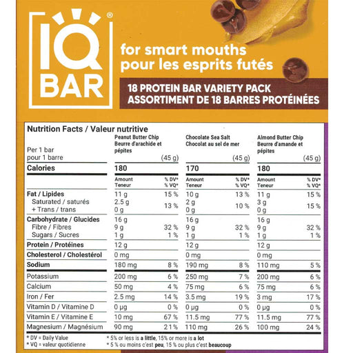 IQBAR Variety Pack, 18 Bars/Box Nutrition Panel - SupplementSource.ca