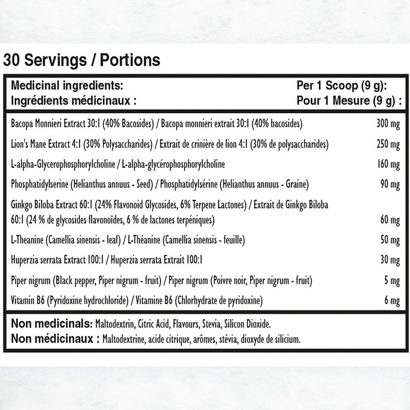 Immunegy Brain Storm, 30 Servings Cherry Lime Nutrition Panel - SupplementSource.ca
