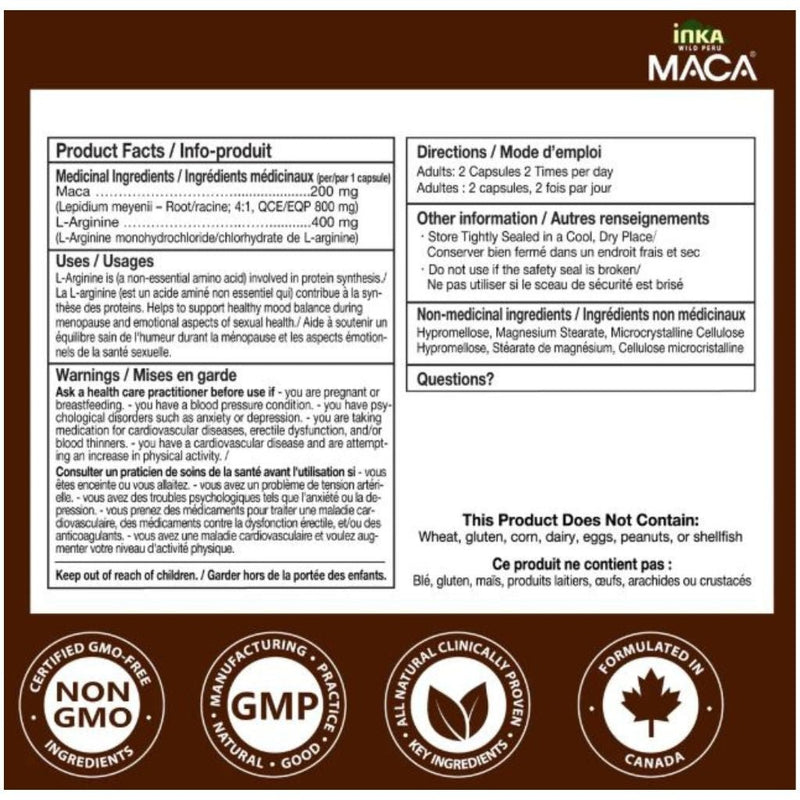 Inka Wild Peru Maca, Maca Black 4x w L-Arginine Nutrition Panel, 90 VCaps - SupplementSource.ca