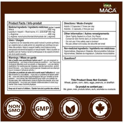 Inka Wild Peru Maca, Maca Black 4x w L-Arginine Nutrition Panel, 90 VCaps - SupplementSource.ca