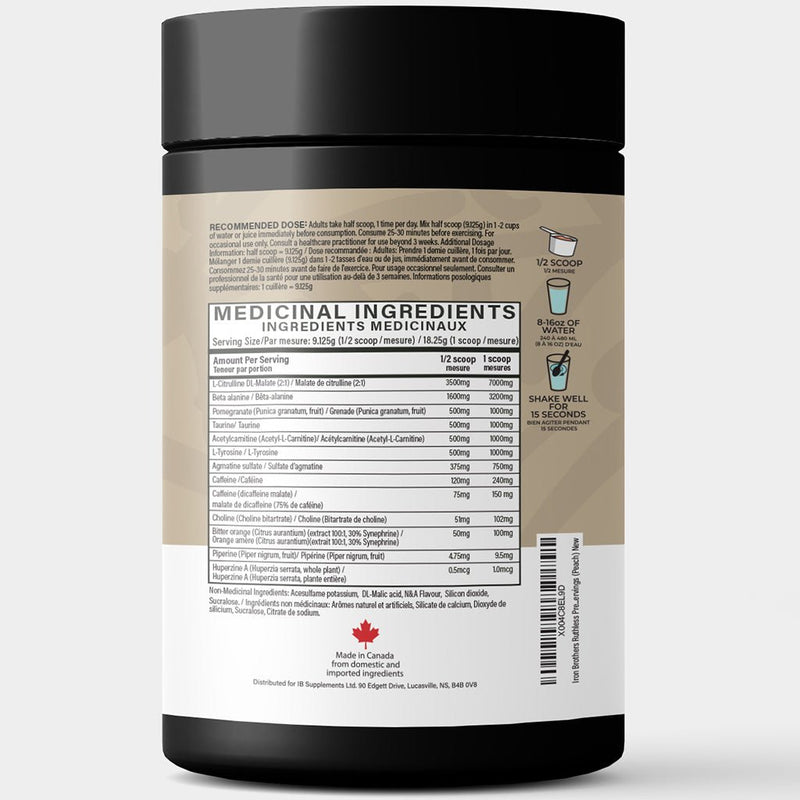 Iron Brothers Supplements RUTHLESS PRE-WORKOUT, 40 Servings Peach NEW FORMULA Nutrition Panel - SupplementSource.ca