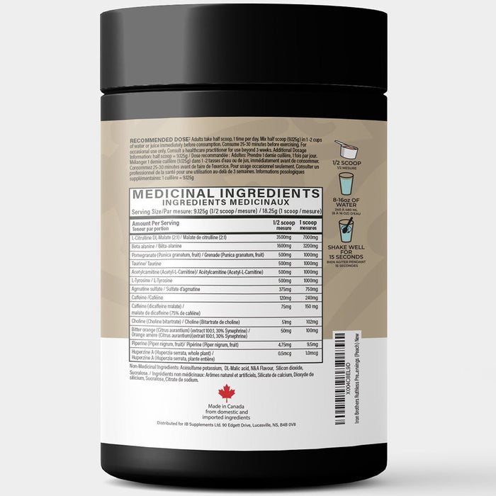 Iron Brothers Supplements RUTHLESS PRE-WORKOUT, 40 Servings Peach NEW FORMULA Nutrition Panel - SupplementSource.ca