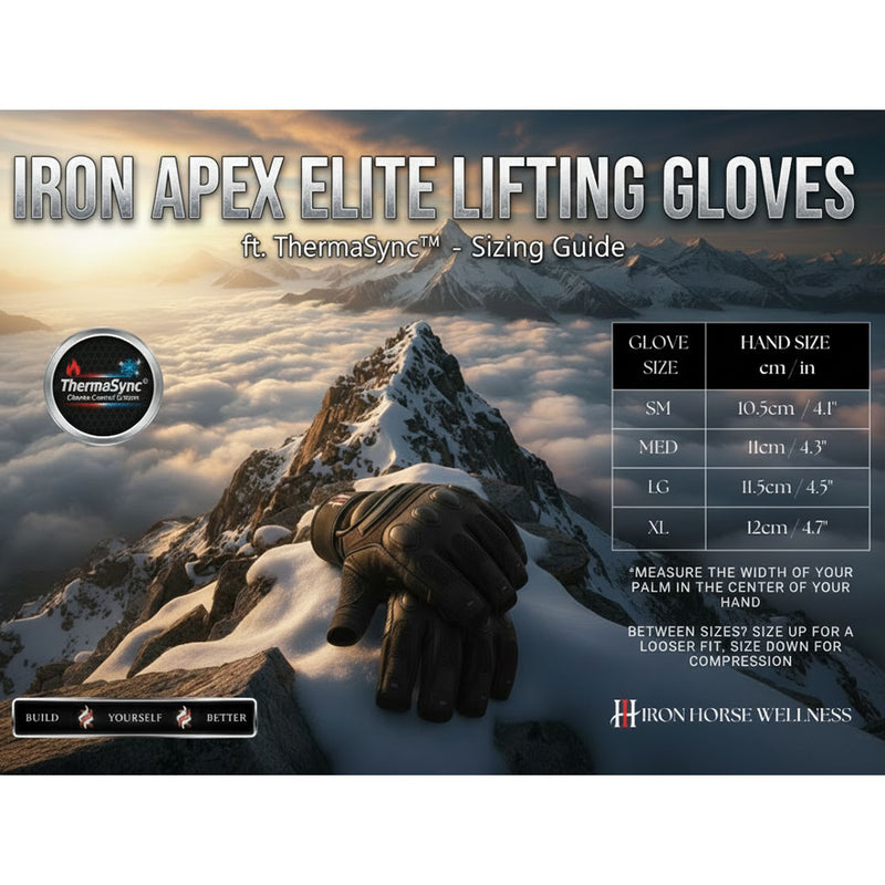 Iron Apex Elite Lifting Gloves with ThermaSync Sizing Chart - SupplementSource.ca