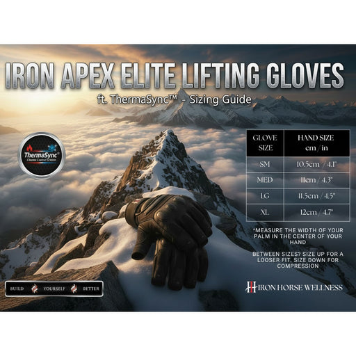 Iron Apex Elite Lifting Gloves with ThermaSync Sizing Chart - SupplementSource.ca