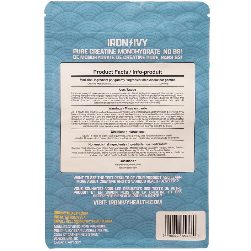 Iron Ivy Creatine Monohydrate Gummies, 120 Gummies Electric Raspberry Nutrition Panel - SupplementSource.ca