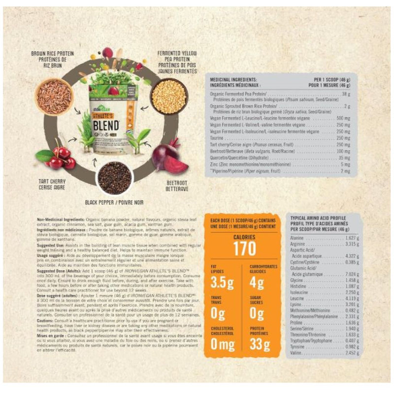 Iron Vegan Athlete's Blend Natural Vanilla Nutrition Panel, 1 kg - SupplementSource.ca