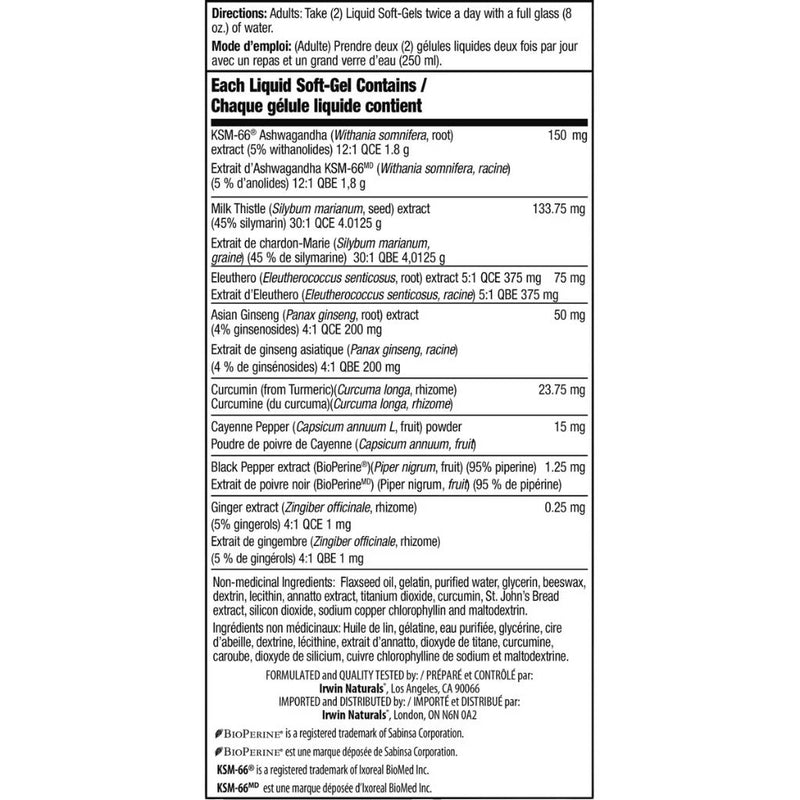 Irwin Naturals Extra Strength Ashwagandha, 60 Softgels Nutrition Panel - SupplementSource.ca