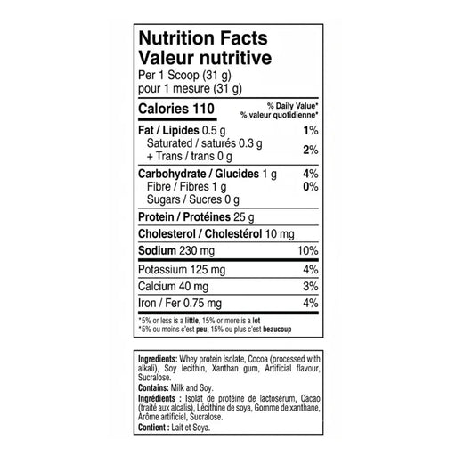 Isopure 100% Whey Protein Isolate Low Carb, 14 Servings Dutch Chocolate Nutrition Panel - SupplementSource.ca